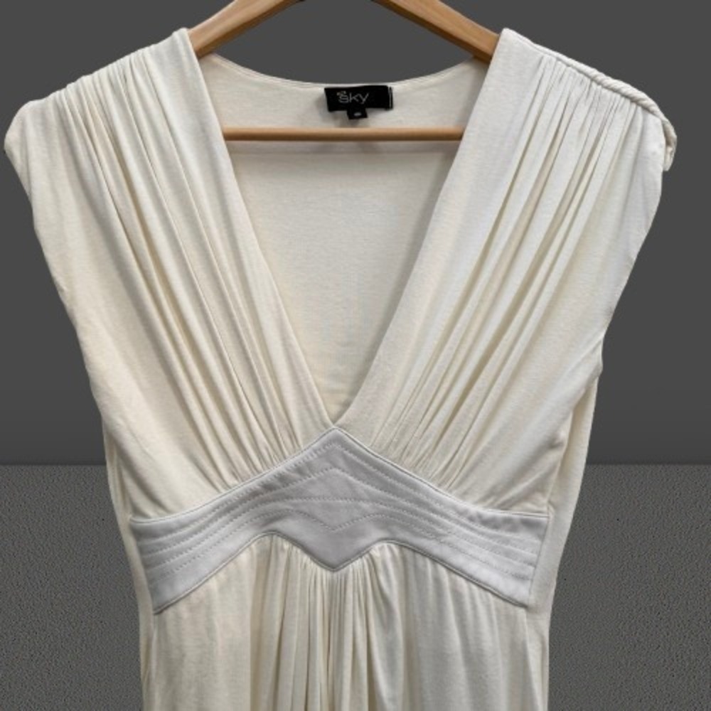 NEW Sky Womens Pleated V-Neck Empire Waist Sleeveless Top Ivory Cream XS